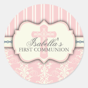 Vintage-Damask-Erstkommunion-Aufkleber Runder Aufkleber