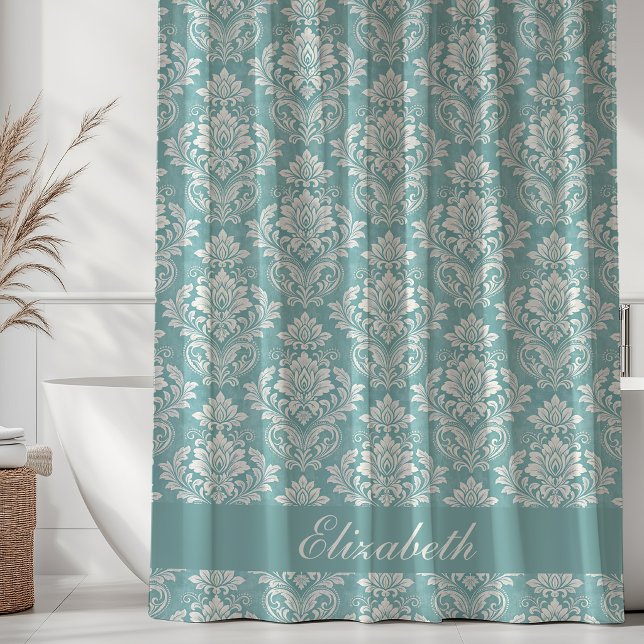 Vintage Damask-Muster Monogramm Name Türkis Duschvorhang (Von Creator hochgeladen)
