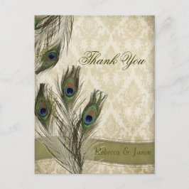 Vintage Damask Pfauenhochzeit danke Postkarte