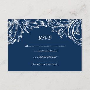 Vintage-Damask-RSVP-Antwortkarte NAVY Weiß RSVP Karte