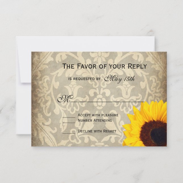 Vintage Damask Rustic Sunflower Wedding RSVP Karte (Vorderseite)