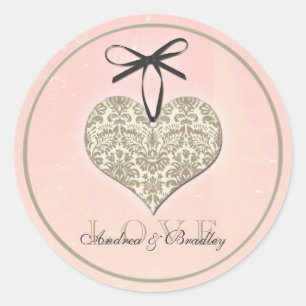 Vintage Damaske Heart Pink Gold Hochzeit Runder Aufkleber
