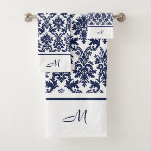 Vintage Damasken in Navy und Weiß 3 Monogramm Badhandtuch Set