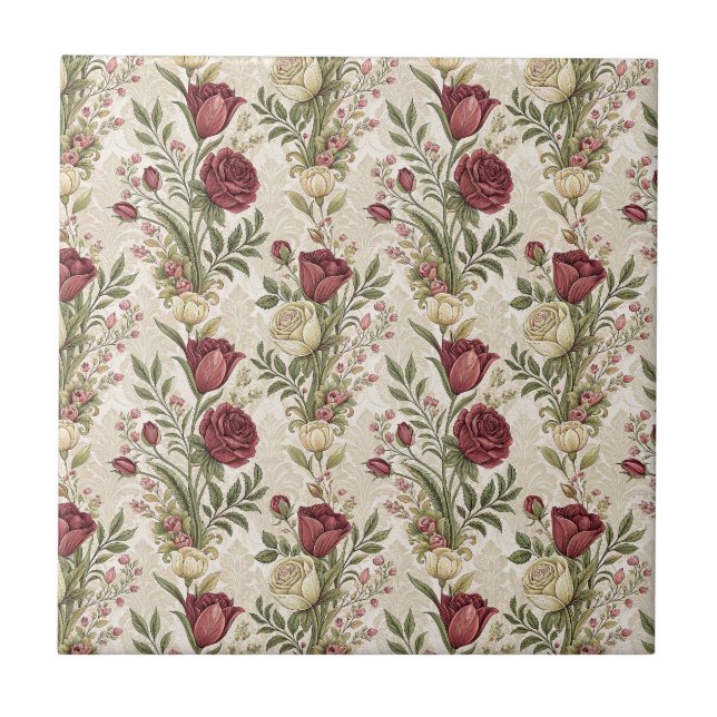 Vintage-Damaskrosengarten-Blumenmuster-Kunstwerk Fliese (Vorderseite)