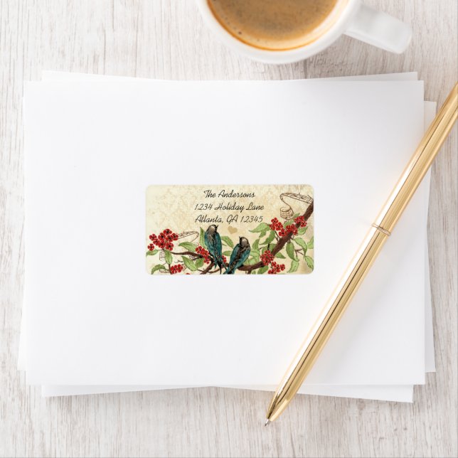 Vintage Damaskus-Aquamarine Vogelburgunder-Blütenz Adressaufkleber (Insitu)