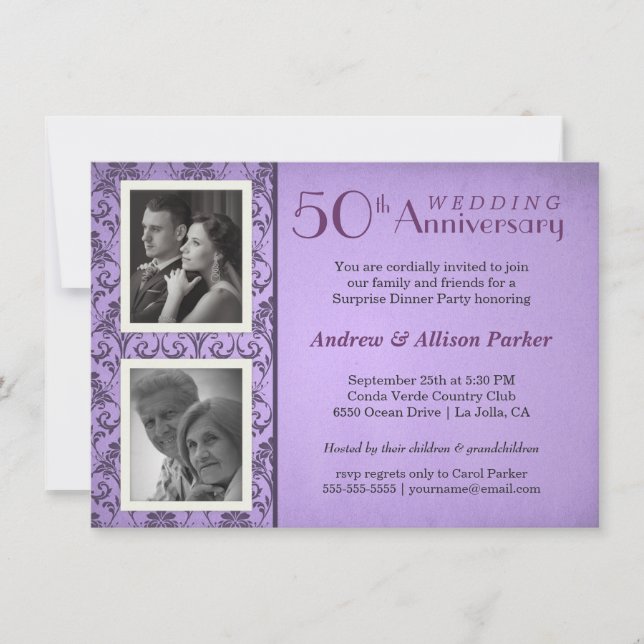 Vintage Damaskus Jahrestag Zwei Fotos Einladung (Vorderseite)