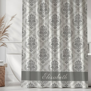 Vintage Damast-Muster Grau Monogramm Name Duschvorhang
