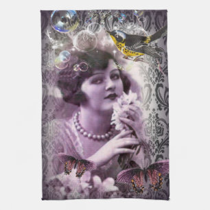 Vintage Damastzwanziger jahre Paris-Dame Flapper Geschirrtuch