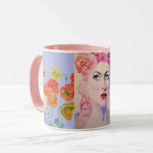 Vintage-Dame 1940er Haare Mohnblumen Aquarell-Tass Tasse