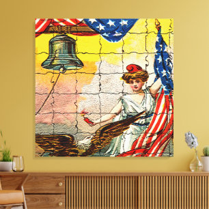 Vintage-Dame, Adler, Flagge und Liberty Bell-Mosai Leinwanddruck