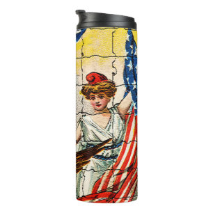Vintage-Dame, Adler, Flagge und Liberty Bell-Mosai Thermosbecher