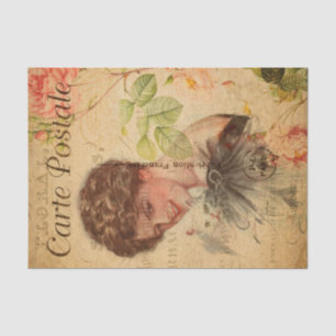 Vintage-Dame Frau mit süßer Katze Floral Französis Seidenpapier