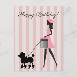 Vintage Dame führt schwarzen Pudel zum Geburtstag Postkarte