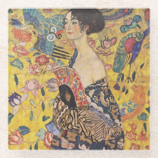 Vintage-Dame im Jugendstil mit Fächer-Gemälde Glasuntersetzer (Vorderseite)