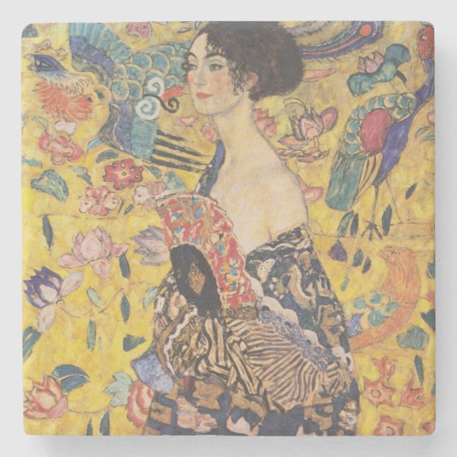 Vintage-Dame im Jugendstil mit Fächer-Gemälde Steinuntersetzer (Vorderseite)