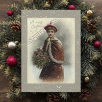 Vintage Dame im Schnee mit Weihnachtsgrüßen