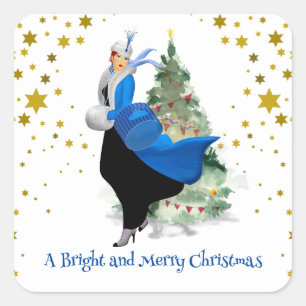 Vintage-Dame in Blau Weihnachtsgruß Quadratischer Aufkleber