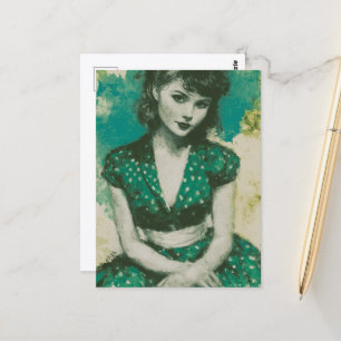 Vintage Dame in einem grün-weißen Punkte-Kleid Postkarte