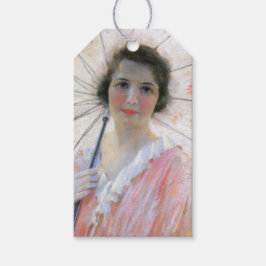 Vintage Dame in rosa Kleid mit Sonnenschirm Geschenkanhänger