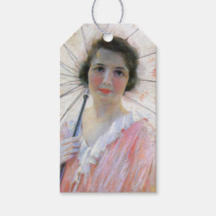 Vintage Dame in rosa Kleid mit Sonnenschirm Geschenkanhänger