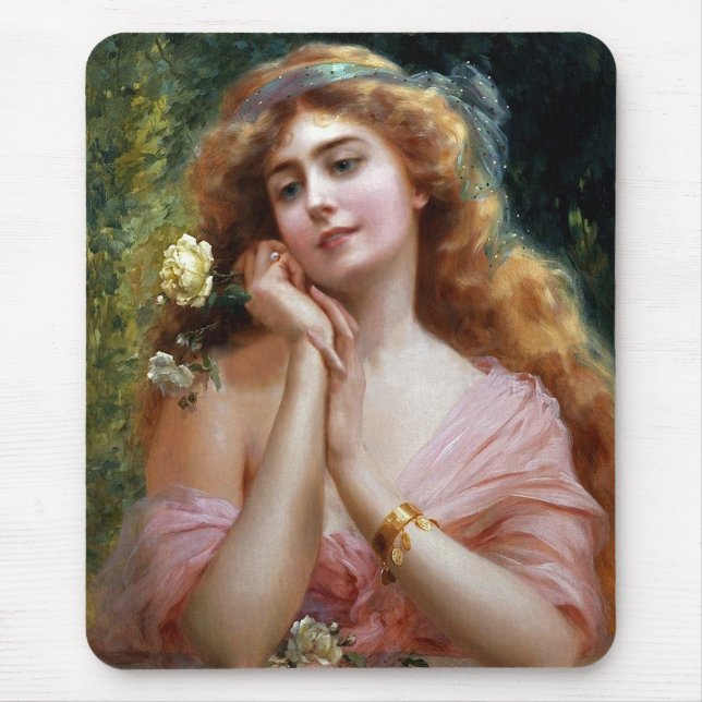 Vintage Dame in rosa mit gelbem Rose Mousepad (Vorne)