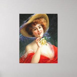 Vintage Dame in Rot mit Gelb Rose Leinwanddruck
