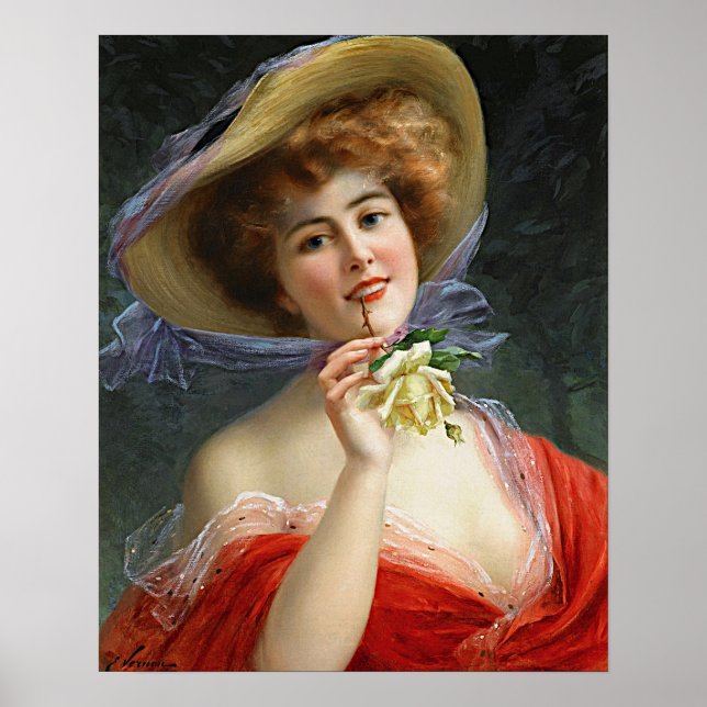 Vintage Dame in Rot mit Gelb Rose Poster (Vorne)