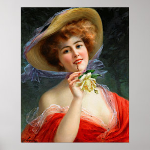 Vintage-Dame in Rot mit gelber Rose Poster