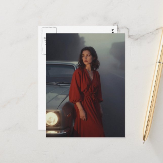 Vintage Dame in Rot Postkarte (Vorderseite/Rückseite Beispiel)