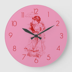 Vintage Dame in Rot und Pink Große Wanduhr