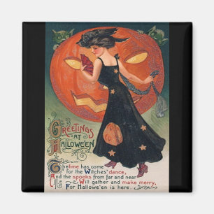 Vintage Dame in Schwarz und Jack o' Lantern Magnet