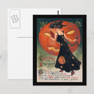 Vintage Dame in Schwarz und Jack o' Lantern Postkarte