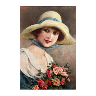 Vintage Dame mit Bouquet aus Rose Acryl Wandkunst