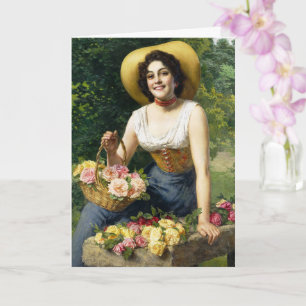 Vintage Dame mit einem Korb Rosen Karte