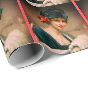 Vintage Dame mit Pelz-Handmuff Winterporträt Geschenkpapier
