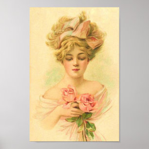 Vintage Dame mit rosa Rosen, restauriert Poster