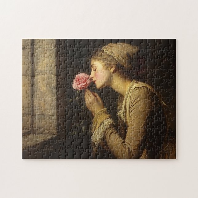 Vintage Dame mit rosa Rosenmalerei Puzzle (Horizontal)