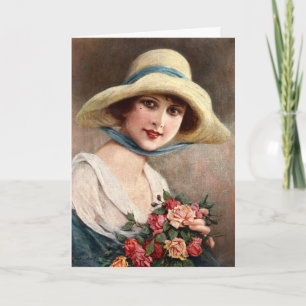 Vintage Dame mit Rosenstrauß Karte