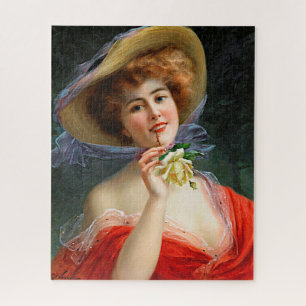 Vintage Dame mit rotem Hut und gelber Rose Puzzle