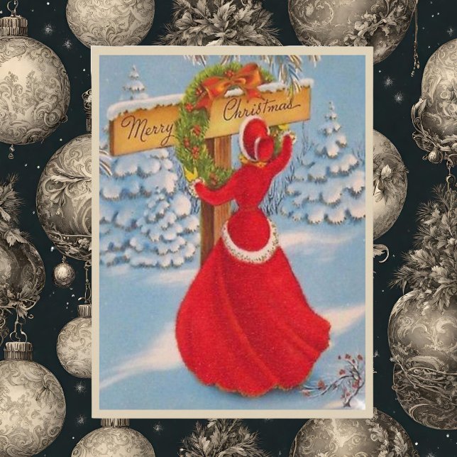 Vintage Dame mit rotem Kleid - Dekorationszeichen Postkarte (Send A Postcard this Christmas)