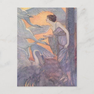 Vintage - Dame mit sechs Schwänen, Postkarte