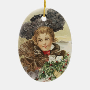 Vintage-Dame mit Stechpalme Keramik Ornament