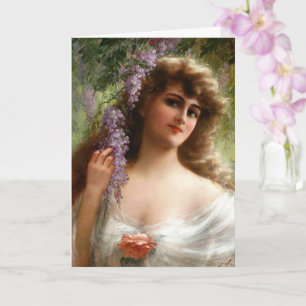 Vintage Dame mit violetten Blumen und Pfirsichblüt Karte
