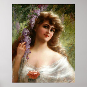 Vintage Dame mit violetten Blumen und Pfirsichblüt Poster