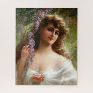 Vintage Dame mit violetten Blumen und Pfirsichblüt Puzzle