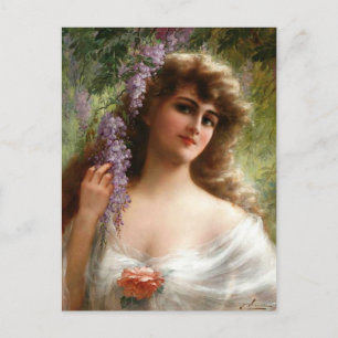 Vintage-Dame mit violetten Blumen und Pfirsichrose Postkarte