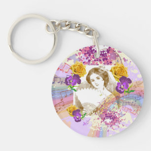 Vintage Dame Music&Flowers Round Acrylic Keychain Schlüsselanhänger