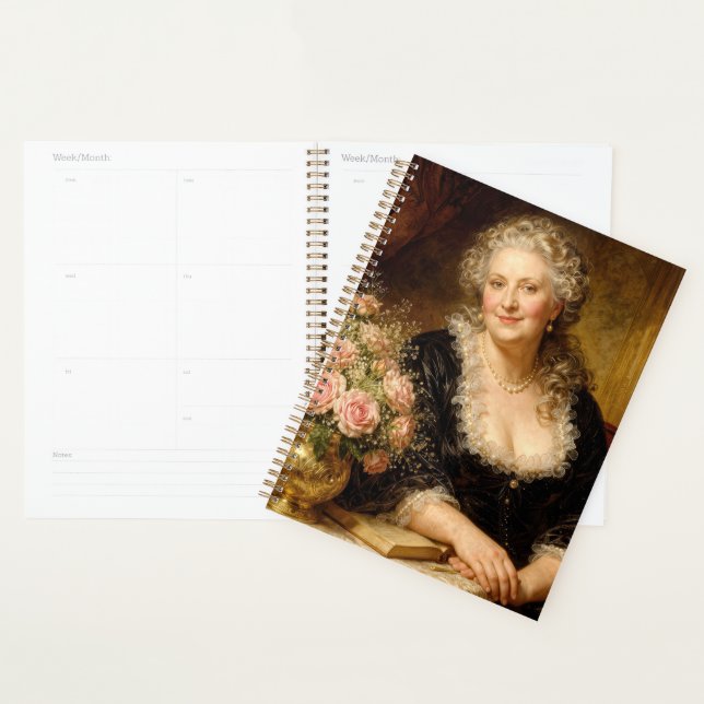 Vintage Dame posiert mit Rosenbouquet Planer (Anzeige)