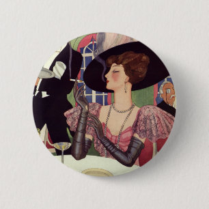 Vintage Dame raucht Zigarette und trinkt Champagne Button