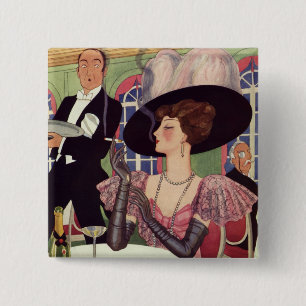 Vintage Dame raucht Zigarette und trinkt Champagne Button